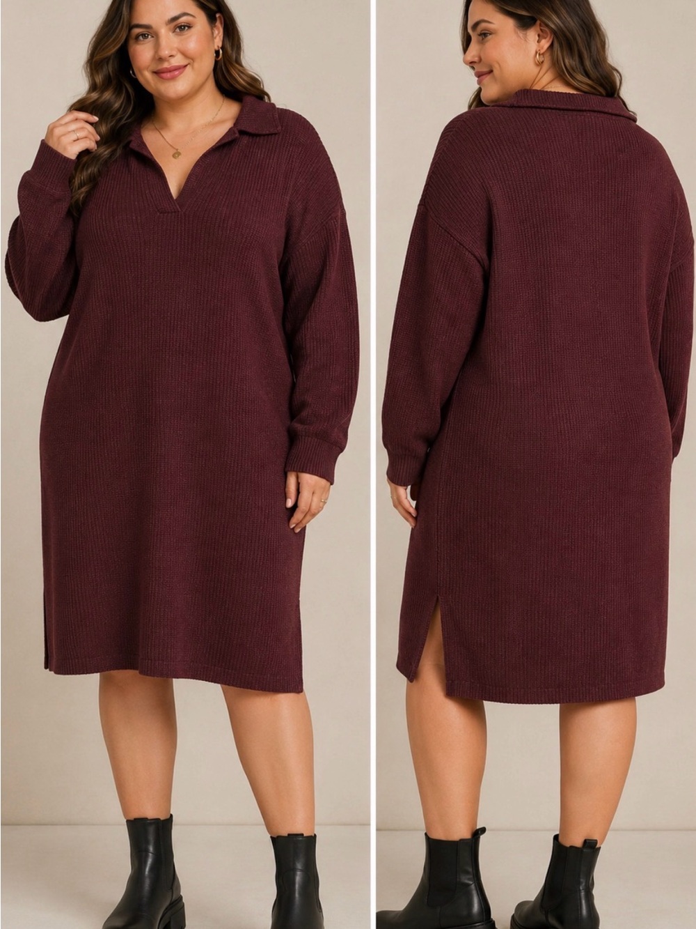 Mondetta Burgundy Ribbed Knit Collared Sweater Dress l